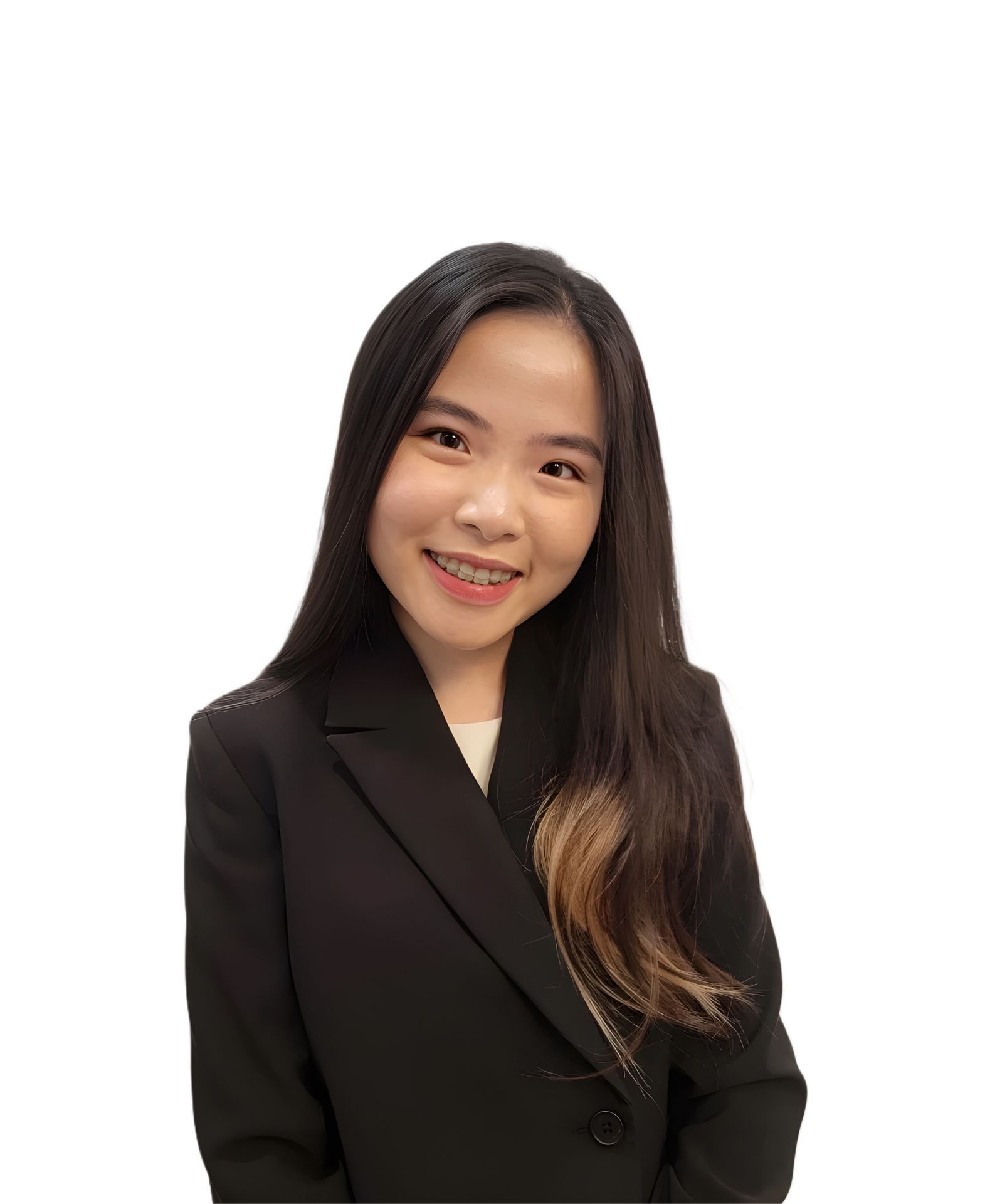 Woman with long dark hair wearing a black blazer, smiling against a plain white background.