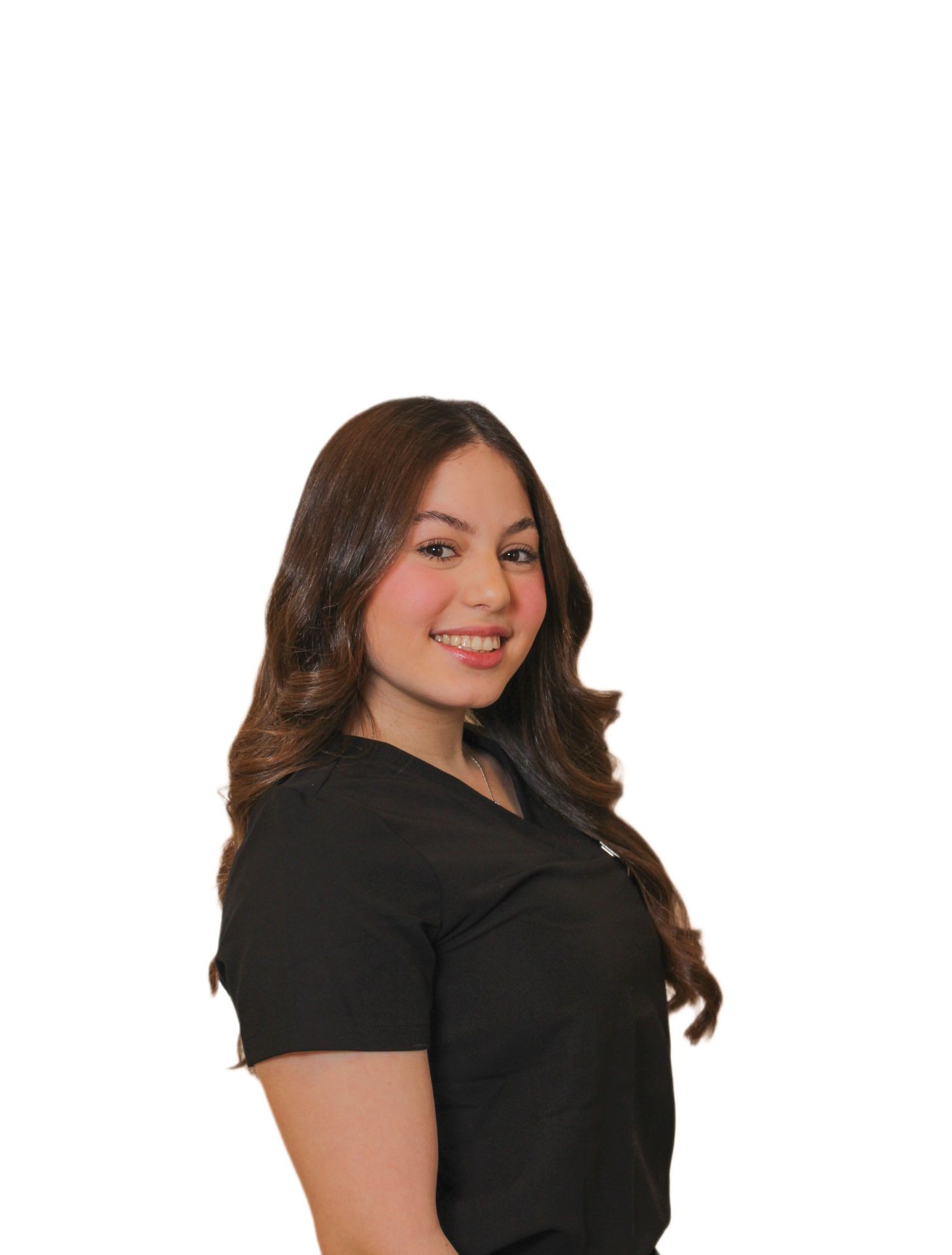 Person with long wavy brown hair wearing a black shirt, standing against a plain white background.