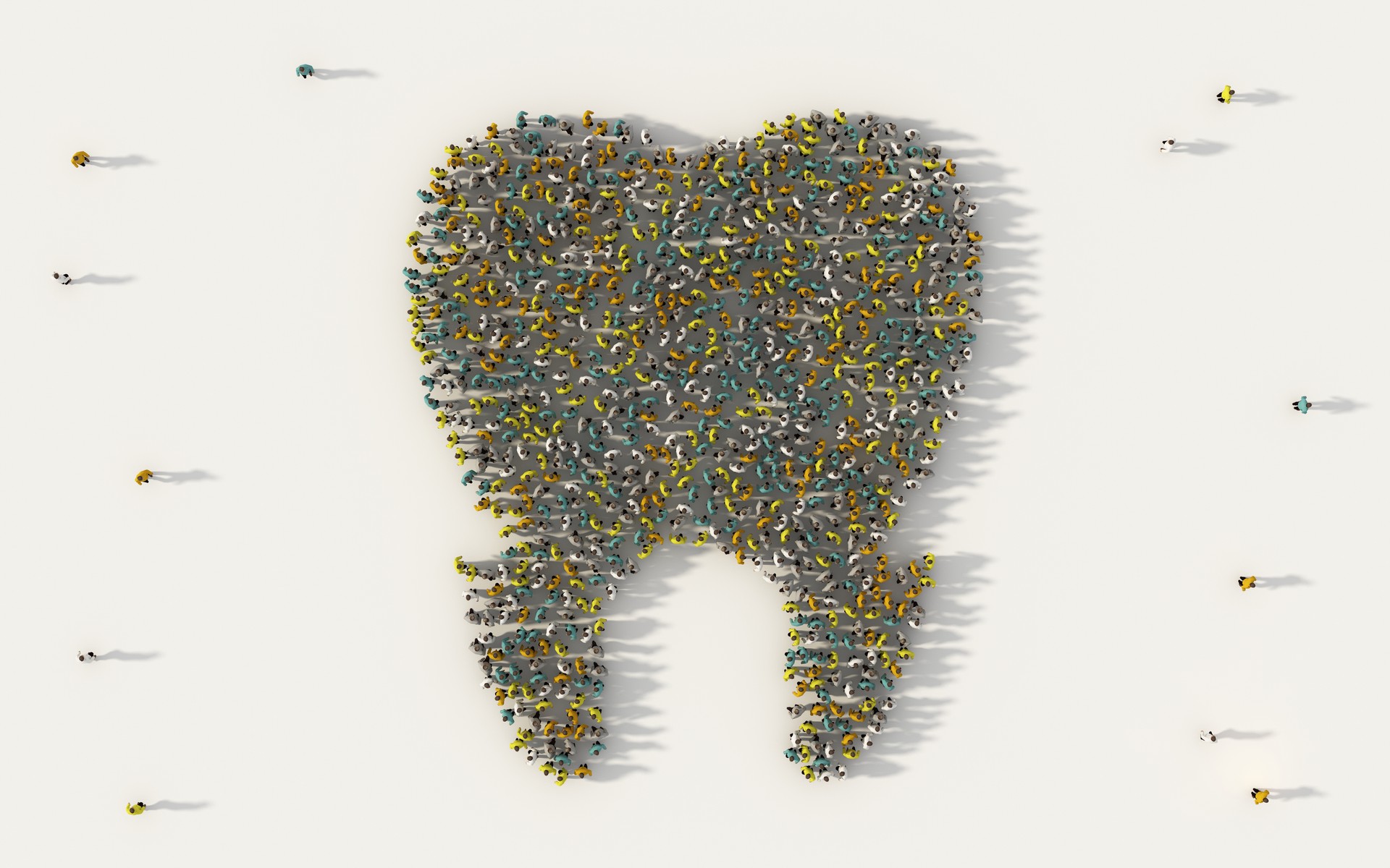 Large group of people forming a teeth icon in social media and community concept on white background. 3d sign of crowd illustration from above gathered together