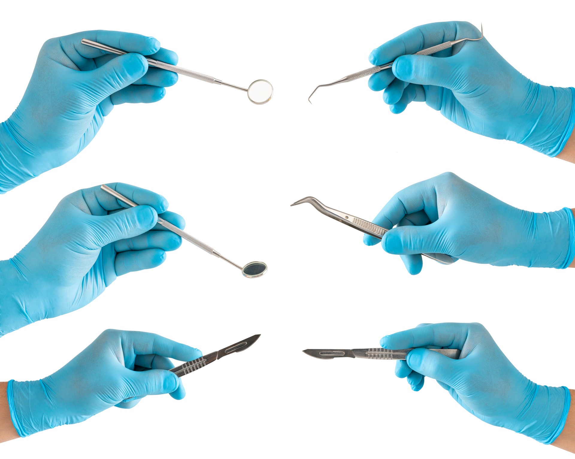 Set of dentist hands with tools in blue glove isolated on white background